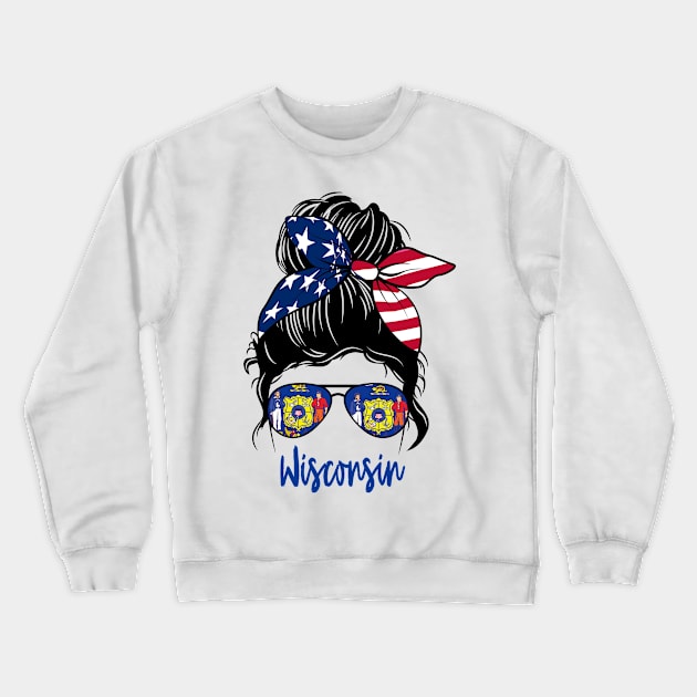 Wisconsin girl Messy bun , American Girl , Wisconsin Flag Crewneck Sweatshirt by JayD World